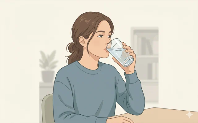 A young woman drinking water from a glass.